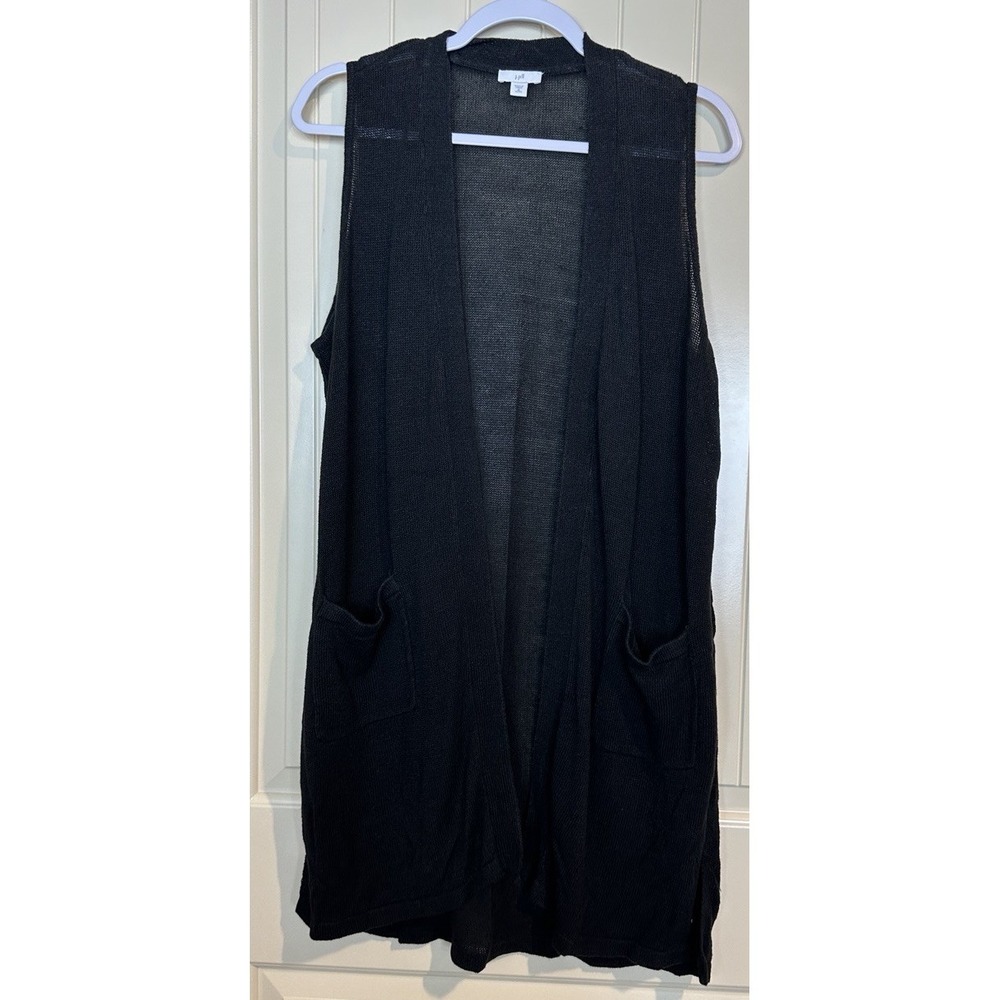 J.Jill size XL Petite long cardigan vest black open front linen‎ blend w pockets